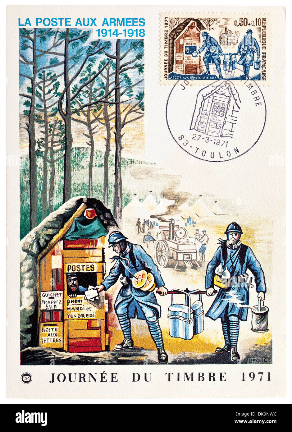 1971 cartolina francese raffigurante esercito 1914-1918 Post - 'Journée du Timbre" (Giornata del francobollo). Foto Stock