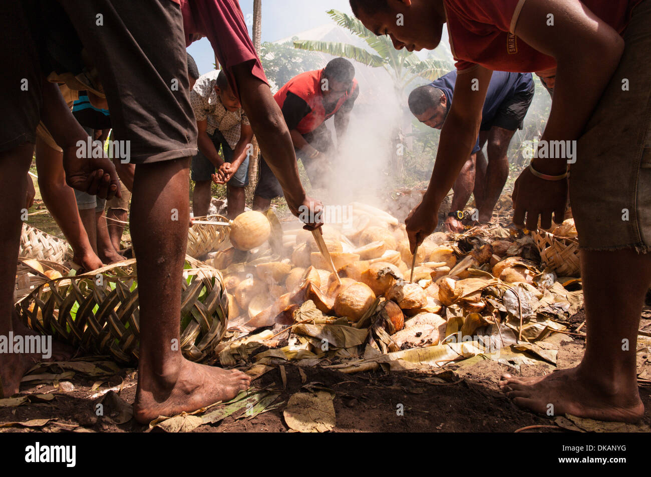 Gli uomini di apertura e la rimozione di cibo cucinato da un grande lovo (massa forno) per una festa. Namuka-i-Lau, southern Laus, Fiji. Foto Stock