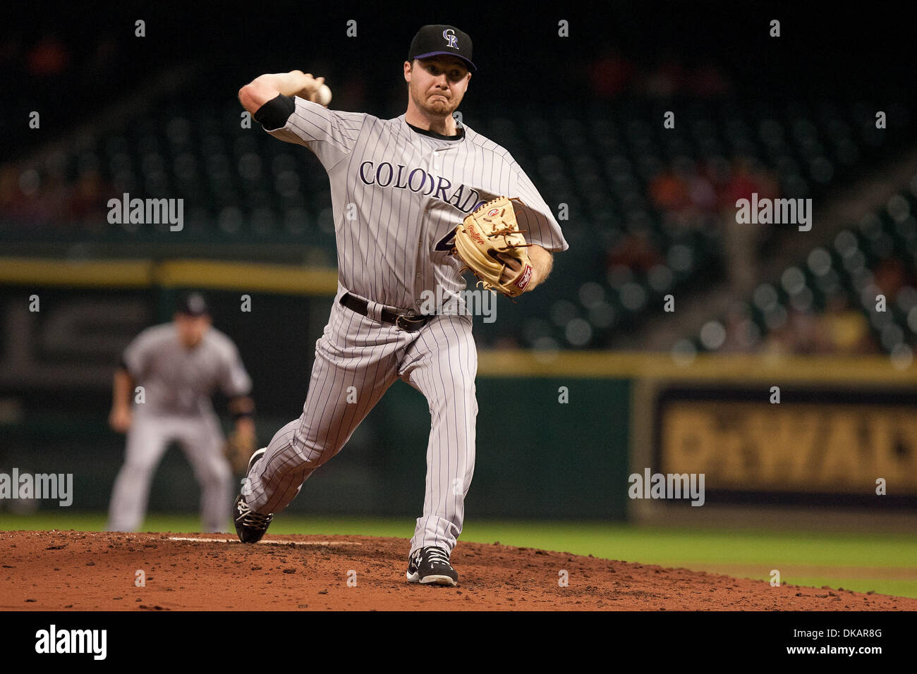 Sett. 22, 2011 - Houston, Texas, Stati Uniti - Colorado Rockies a partire lanciatore Alex bianco (43) pitching contro Rockies. Houston Astros leader del Colorado Rockies 5-2 in sei inning al Minute Maid Park a Houston in Texas. (Credito Immagine: © Juan DeLeon/Southcreek globale/ZUMAPRESS.com) Foto Stock