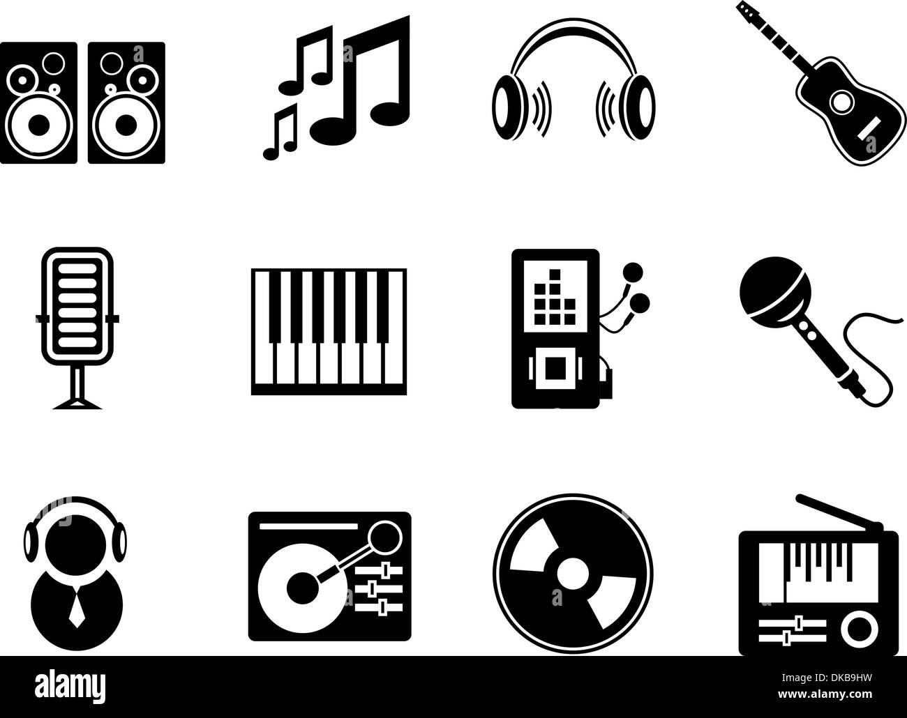 Set di black music icone elettronico isolato su bianco Illustrazione Vettoriale