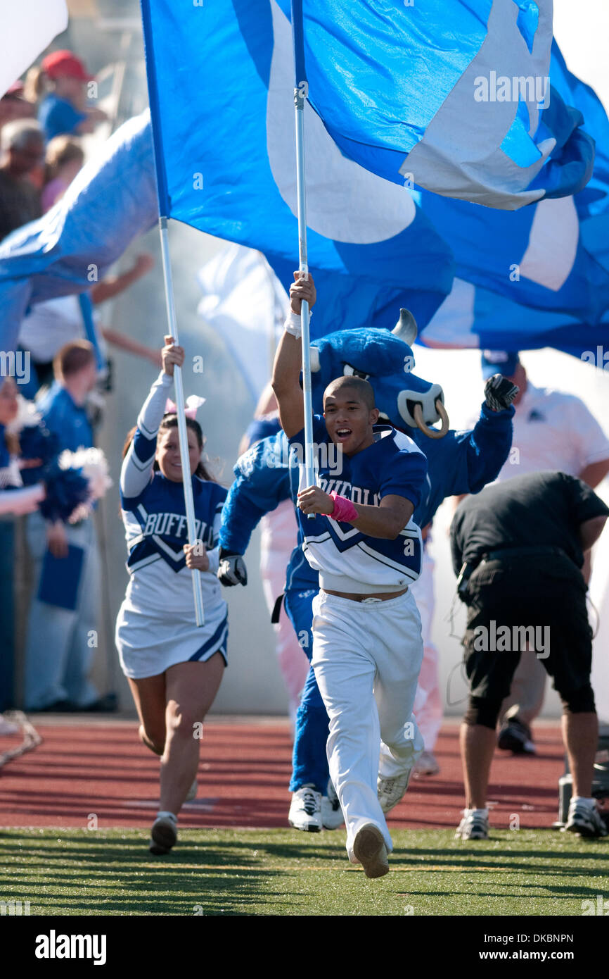 Ottobre 8, 2011 - Buffalo, New York, Stati Uniti - La Bufala tori cheerleaders portare la bandiera del team di condurre i giocatori sul campo prima di una partita contro Ohio Bobcats a UB Stadium. Buffalo ha vinto il gioco 38-37. (Credito Immagine: © Mark Konezny/Southcreek/ZUMAPRESS.com) Foto Stock