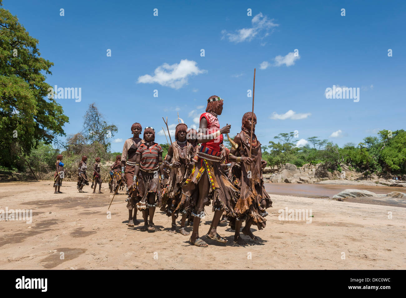 Donne che danzano durante un toro jumping cerimonia. Un rito di passaggio dai ragazzi per gli uomini. Hamer tribe, valle dell'Omo, Etiopia Foto Stock