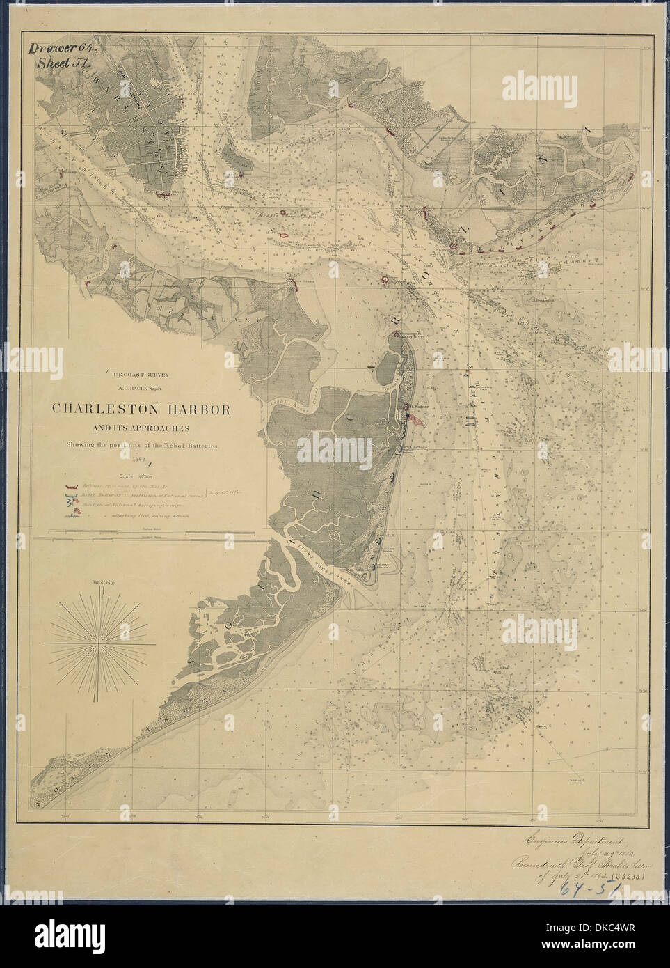 Porto di Charleston e i suoi approcci che mostra le posizioni dei ribelli di batterie, 1863 (e annotato per mostrare il... 305751 Foto Stock