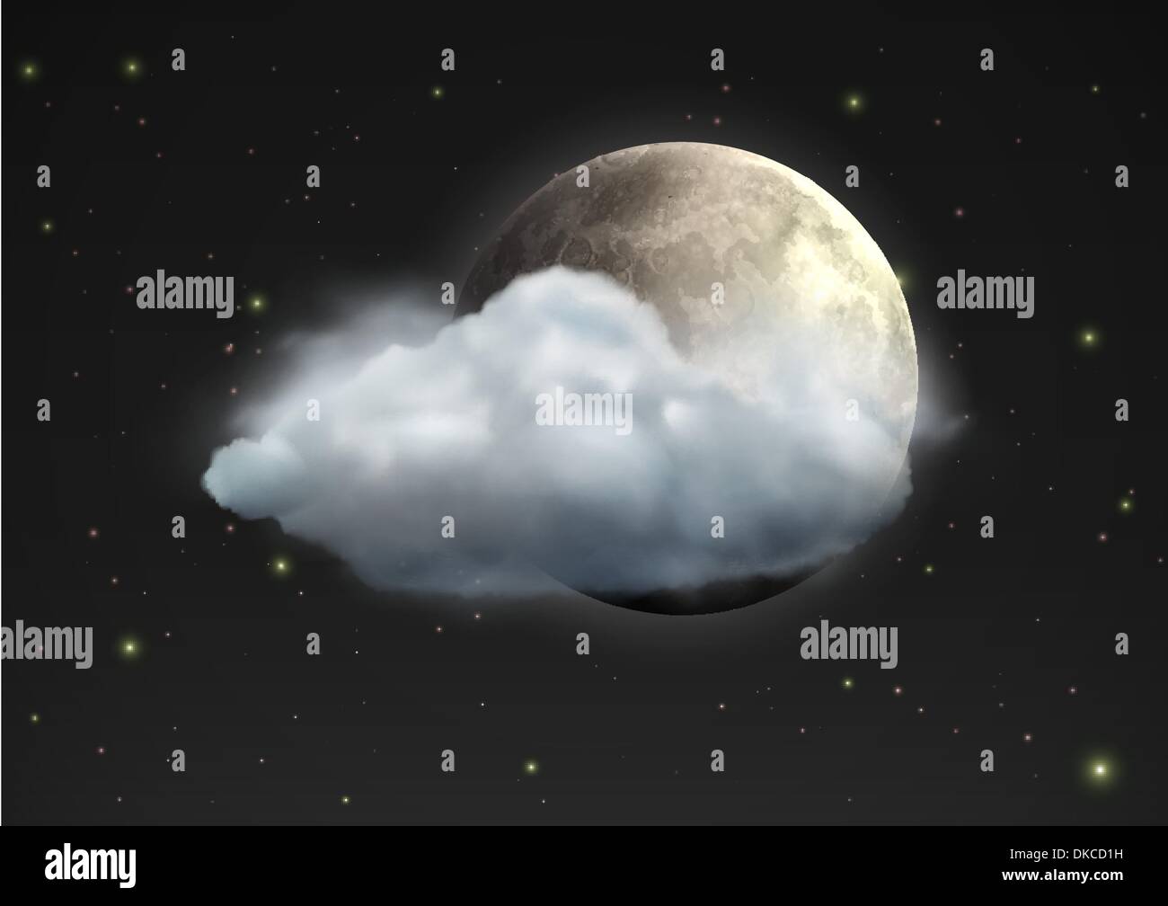 Illustrazione Vettoriale di raffreddare singola icona meteo - luna realistico con il cloud galleggianti nel cielo notturno Illustrazione Vettoriale