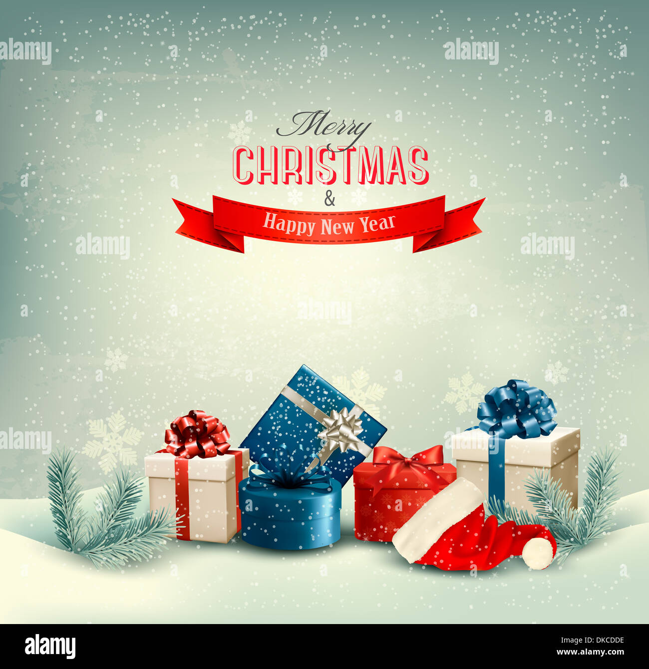 Natale sfondo inverno con presenta. Vettore. Foto Stock