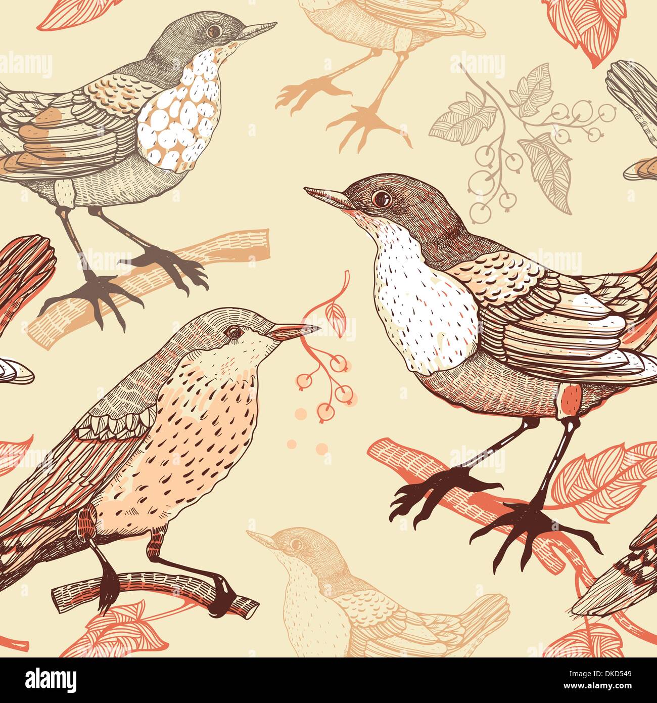 Vector seamless pattern con uccelli e bacche Illustrazione Vettoriale
