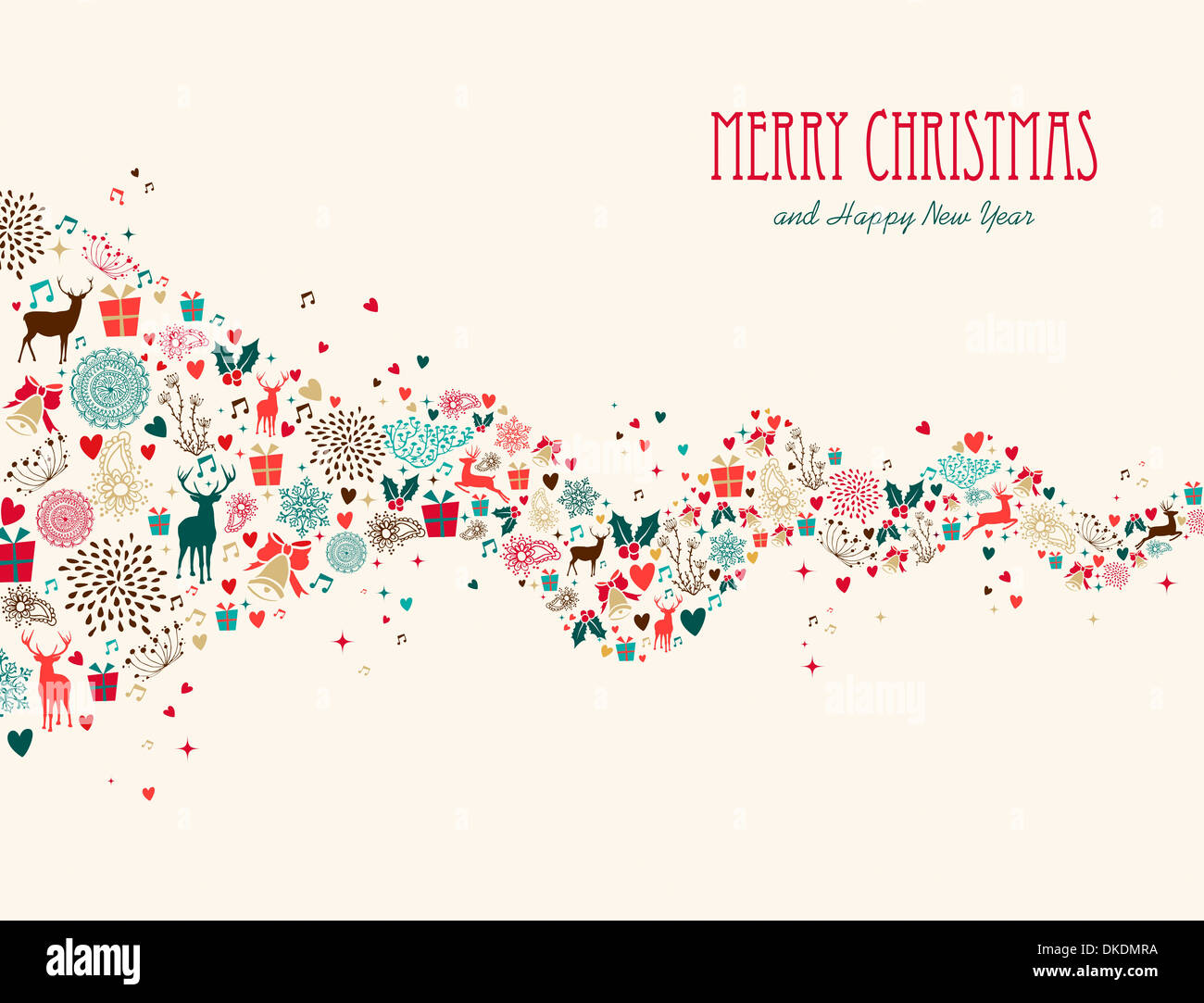 Merry Christmas greeting card illustrazione con icone e simboli. EPS10 vettore. Foto Stock
