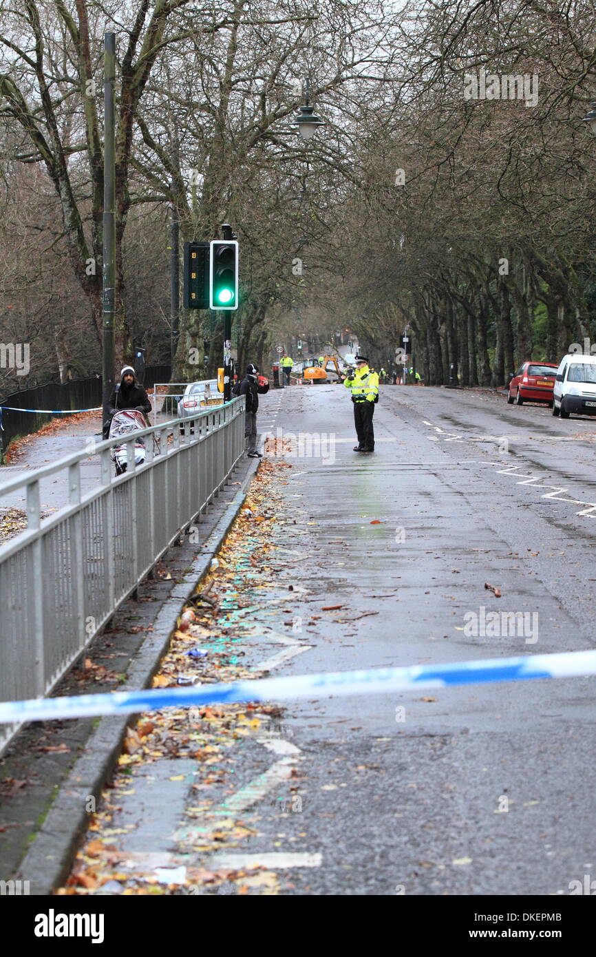 Glasgow, Scotland, Regno Unito. 5 Dic 2013. Albero caduto schiaccia VW Golf come pilota da. Servizi di emergenza di presenze cancellazione della struttura ad albero e detriti. Paul Stewart/Alamy News Foto Stock