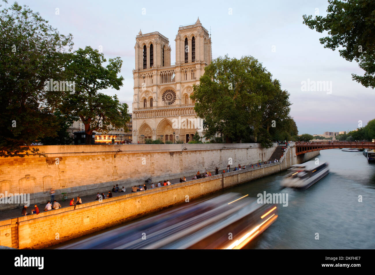 Cattedrale di Notre-dame de Paris in ultima luce della sera, sull'Île de la Cité e la Senna, Parigi, Ile-de-France, Francia Foto Stock