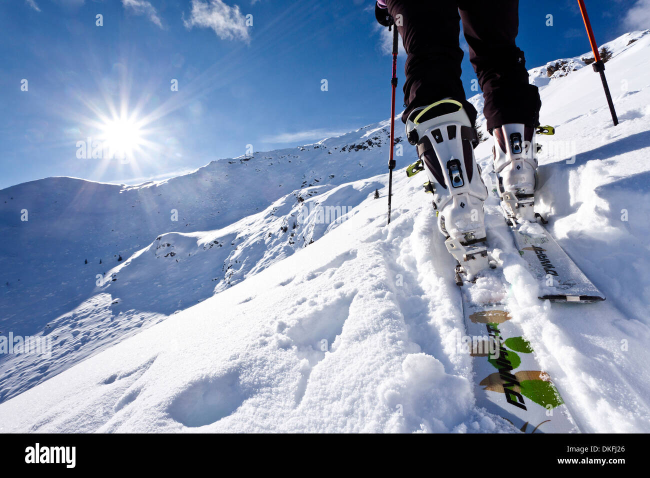 Ski tourer su per la salita al Monte Alpenspitze Wurzer con il suo picco sul retro, Val Ridanna, Alto Adige, Trentino Alto Adige, Italia Foto Stock