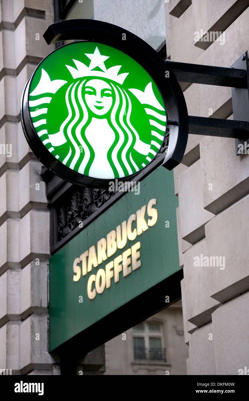 Londra, Inghilterra, Regno Unito. Starbucks Coffee shop segno, Piccadilly Foto Stock