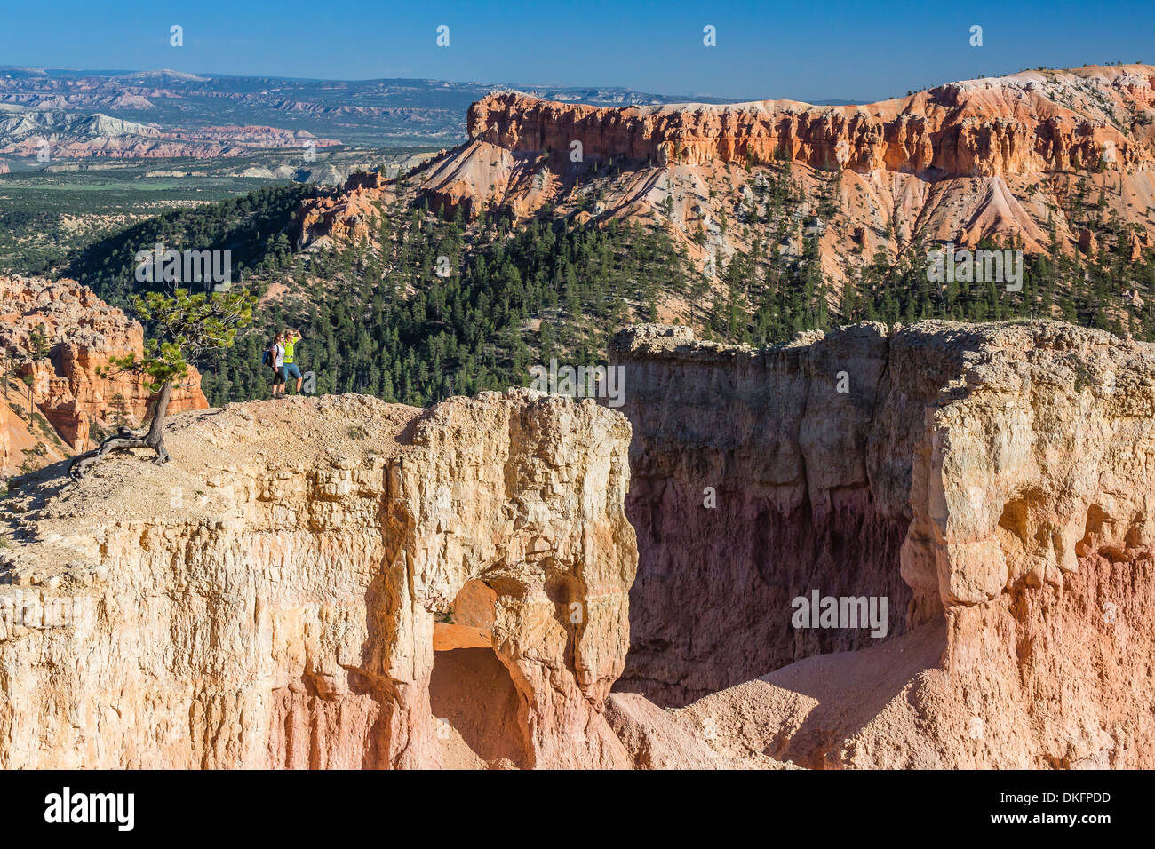 Gli escursionisti su arch rock formazione nel Bryce Canyon anfiteatro, parco nazionale di Bryce Canyon, Utah, Stati Uniti d'America Foto Stock
