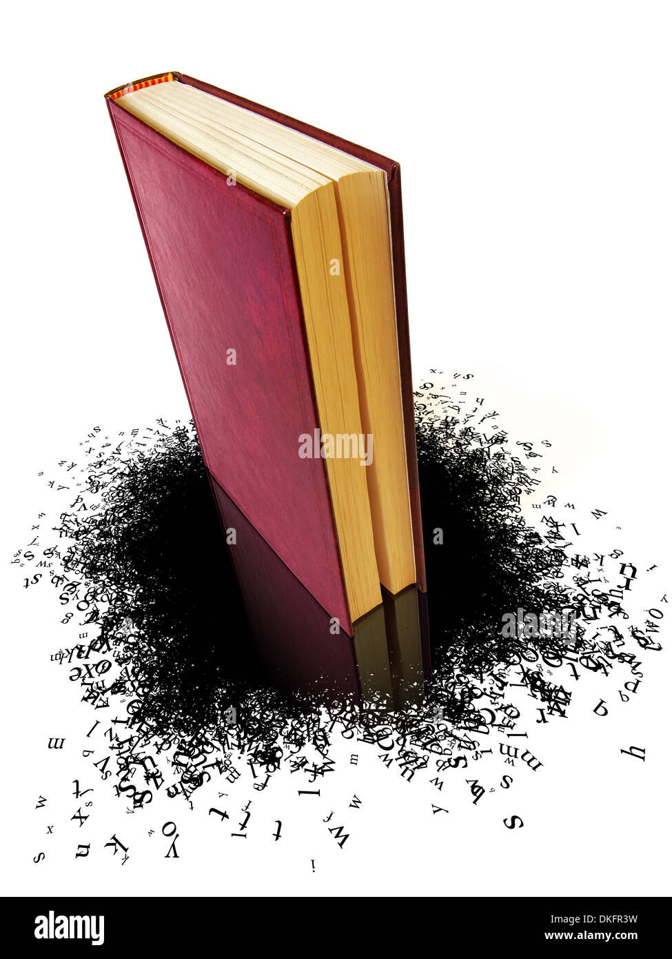 Immagine concettuale di un libro con una perdita di testo formando una macchia di lettere Foto Stock