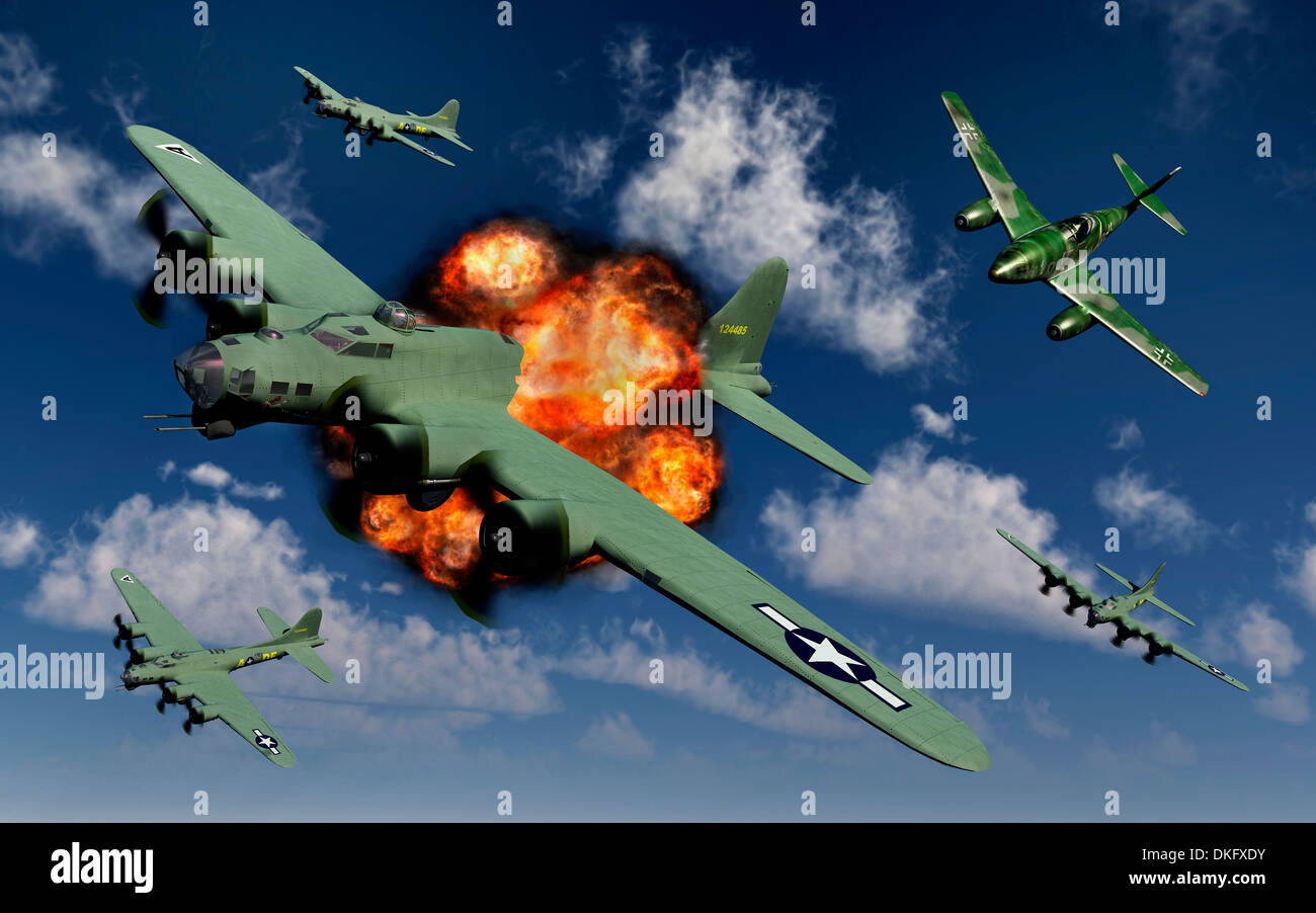 Un tedesco Messerschmitt 262 jet fighter, attaccando American B-17 bombardieri. Foto Stock