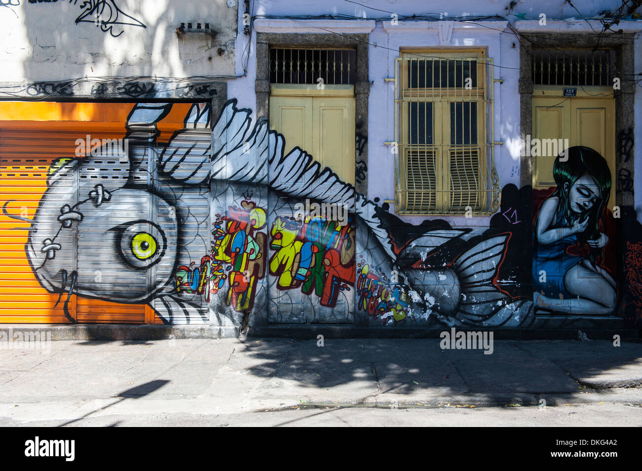 Graffiti arte il lavoro sulle case in Lapa, Rio de Janeiro, Brasile, Sud America Foto Stock