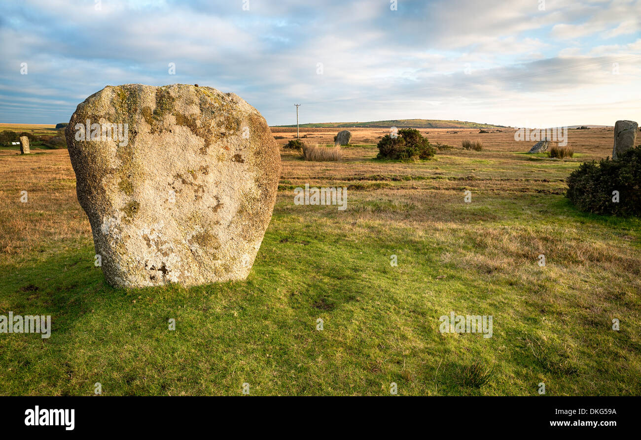 Il Trippet cerchio di pietra a Blissland comune su Bodmin Moor in Cornovaglia Foto Stock