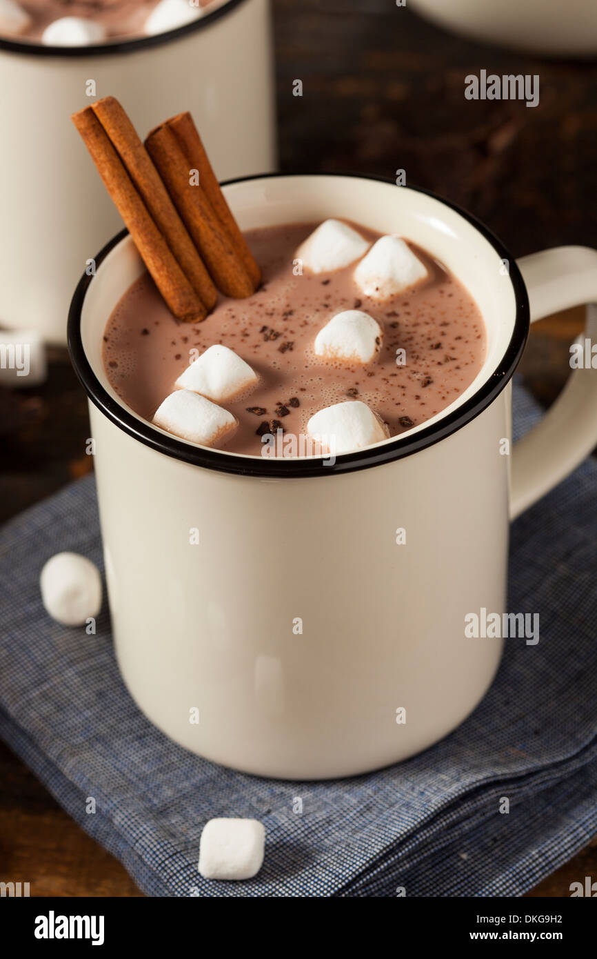 Tazze cioccolato al latte con cannella e Marshmallows Foto Stock
