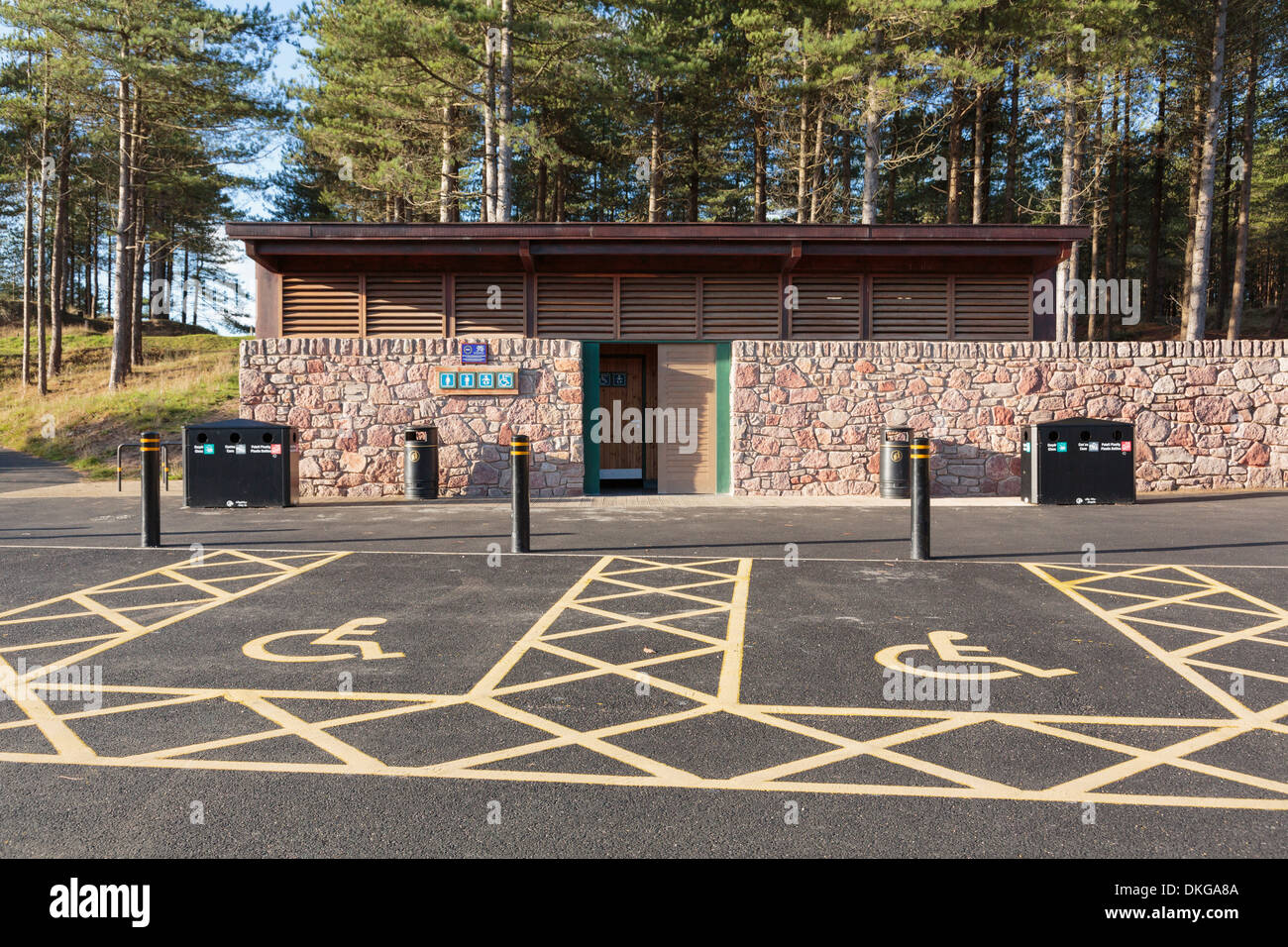 Parcheggio Disabili baie al di fuori di un blocco servizi igienici nel recentemente rinnovato il parco auto nella foresta Newborough Isola di Anglesey North Wales UK Foto Stock