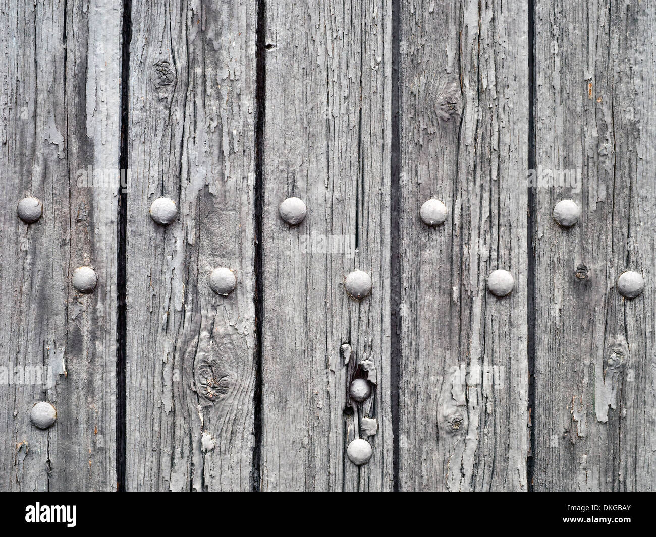 Vecchio weathered porta in legno di quercia che mostra prigioniero o teste di bullone - Francia. Foto Stock