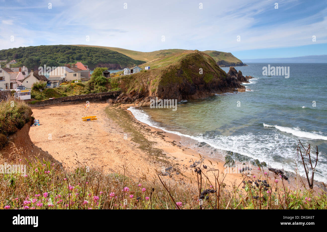 Affacciato sulla spiaggia di estate, Speranza Cove, Devon, Inghilterra. Foto Stock