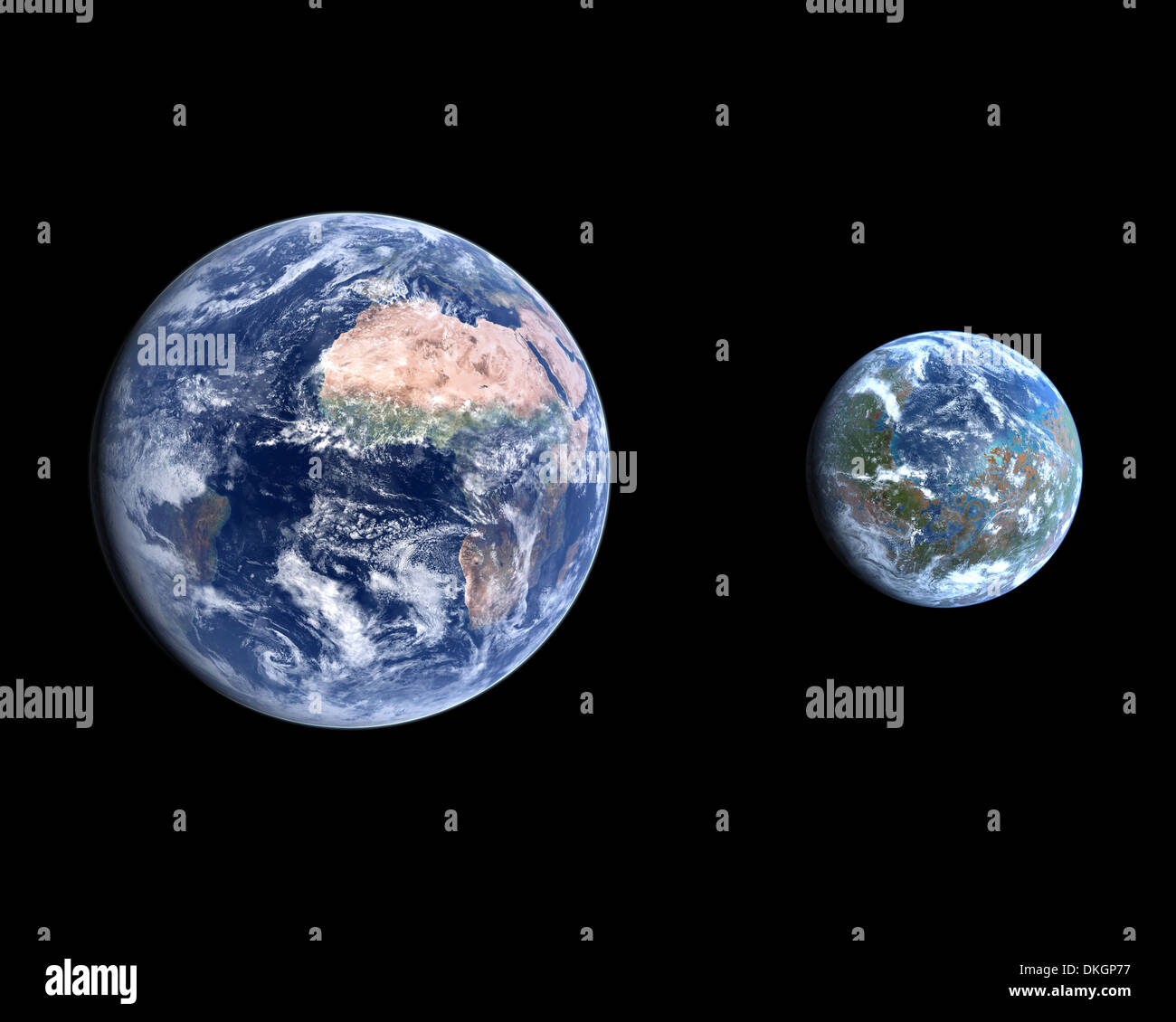 Un confronto tra il pianeta Terra e Marte terraformato su un pulito sfondo nero. Foto Stock