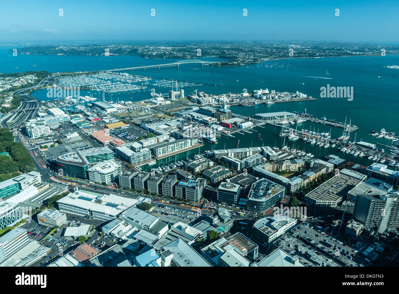 Vista aerea della città di Auckland dalla Sky Tower di Auckland, Isola del nord, Nuova Zelanda, Pacific Foto Stock