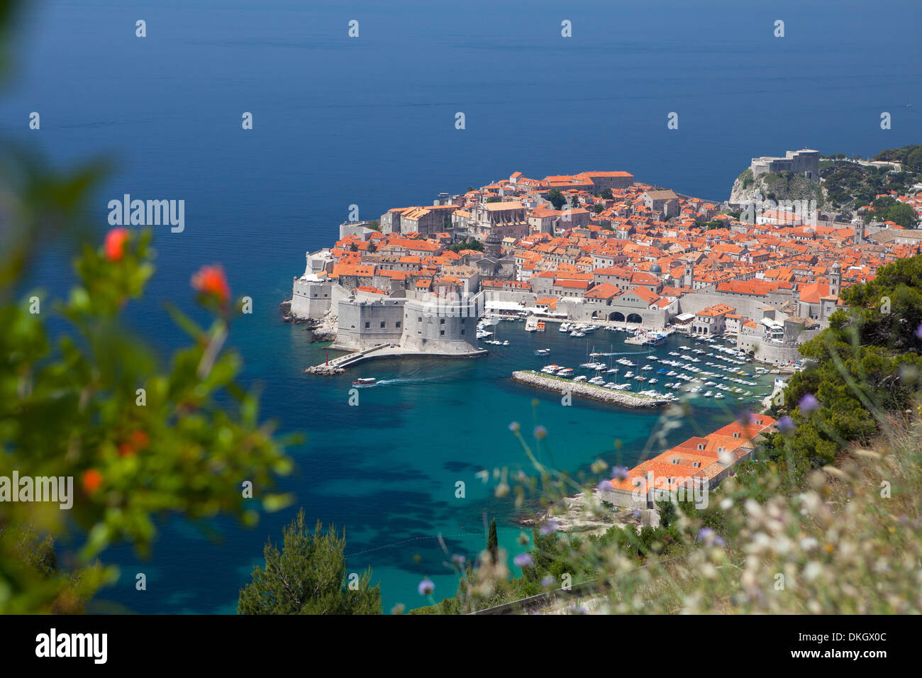 Alta Vista della città e del porto dal lato montagna, Dubrovnik, Sito Patrimonio Mondiale dell'UNESCO, della costa della Dalmazia, Croazia, Europa Foto Stock