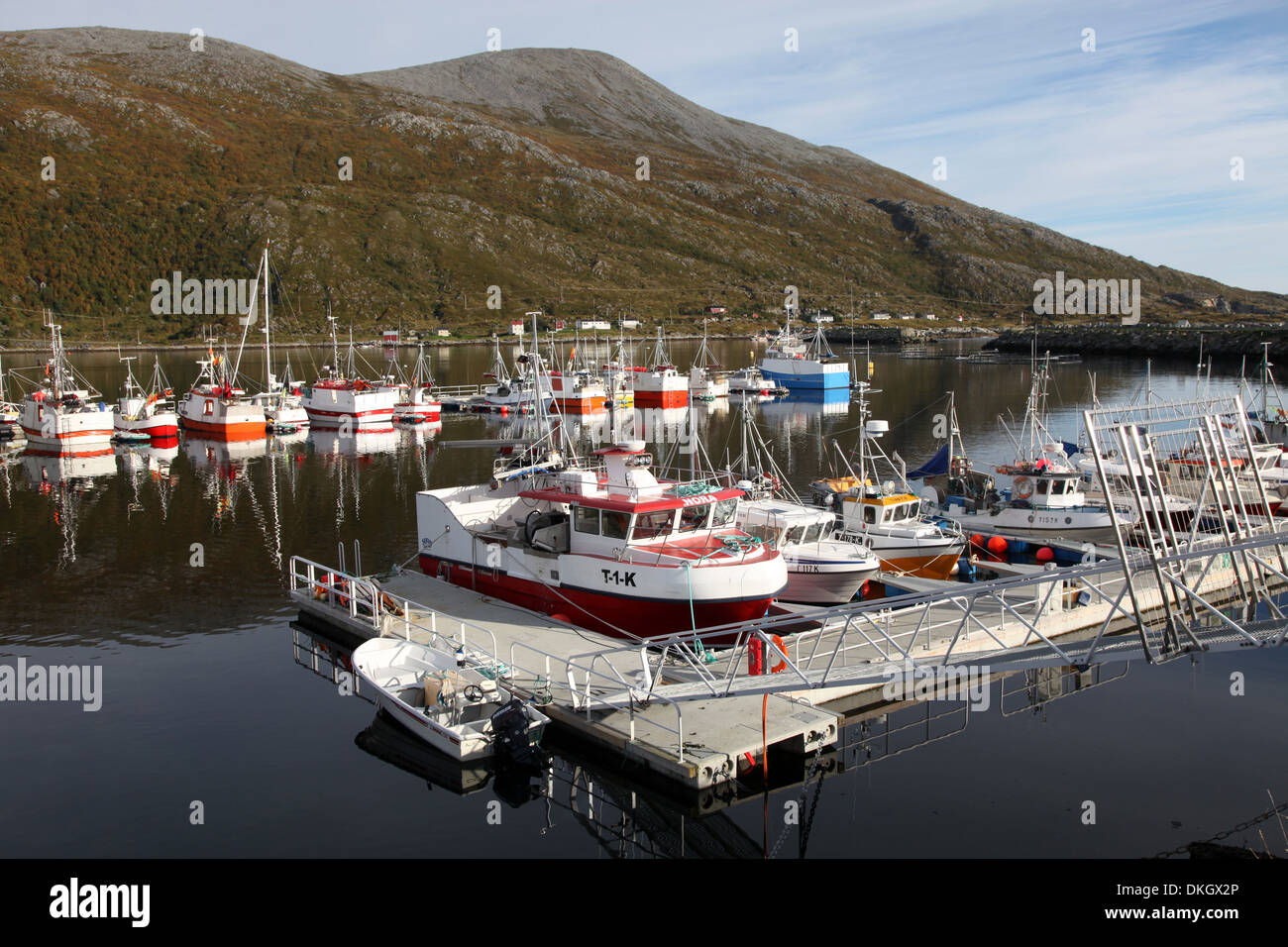 Barche da pesca su un pontone, Torsvaag, N Norvegia Foto Stock