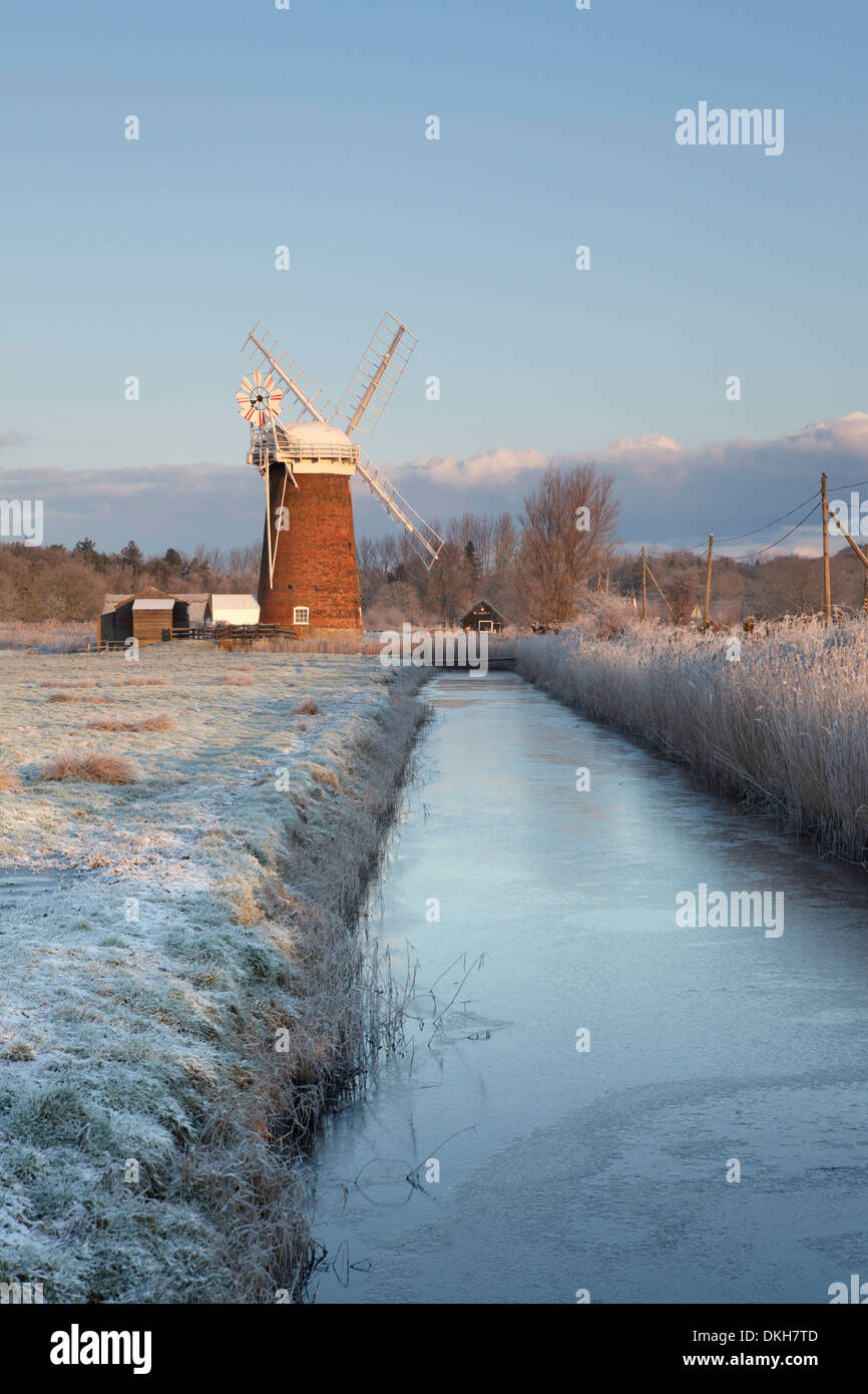 Un gelido inverno mattina in Norfolk Broads mostra Horsey Mill, Horsey, Norfolk, Inghilterra, Regno Unito, Europa Foto Stock