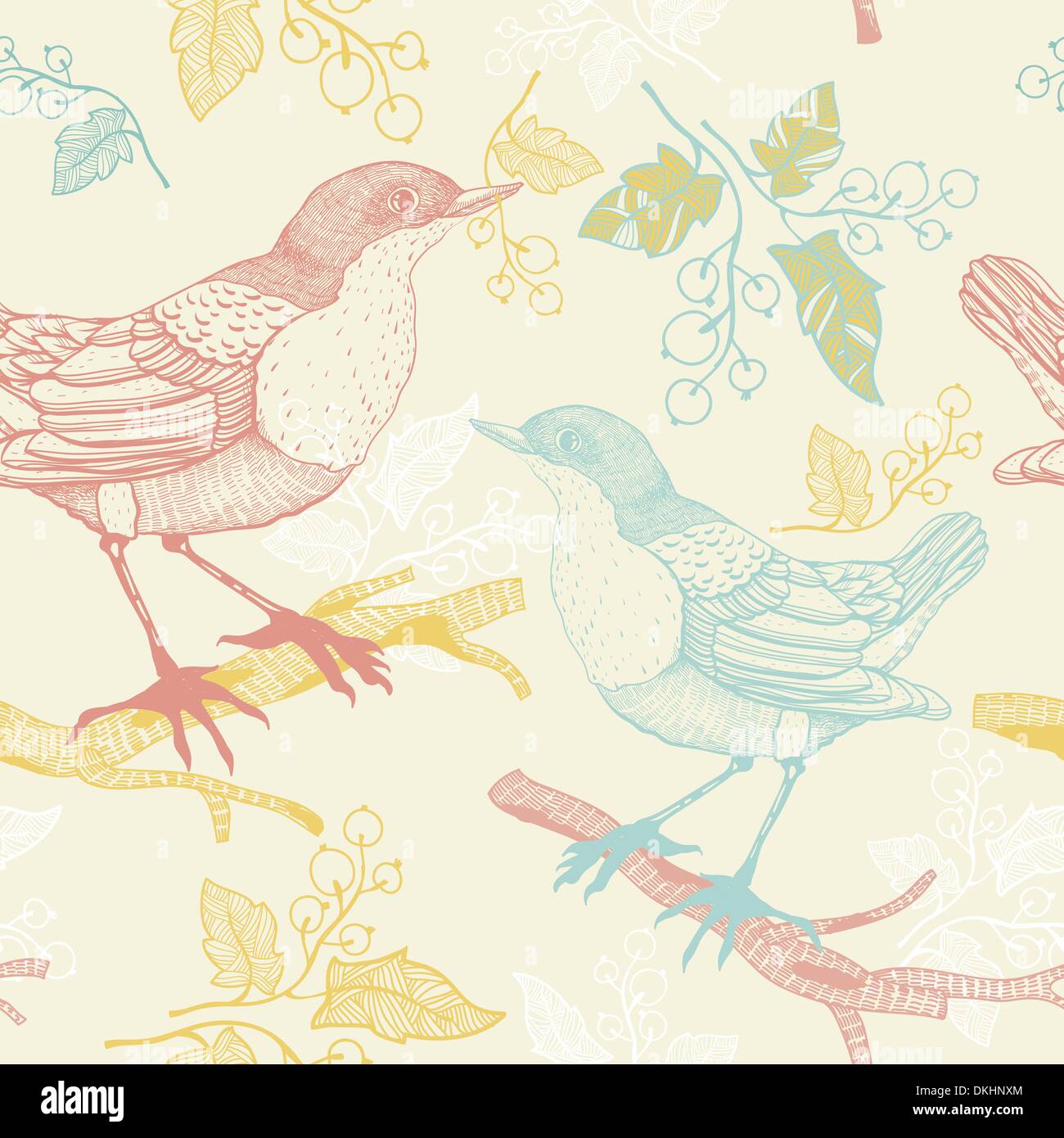 Vector seamless pattern con uccelli e bacche Ribes Illustrazione Vettoriale