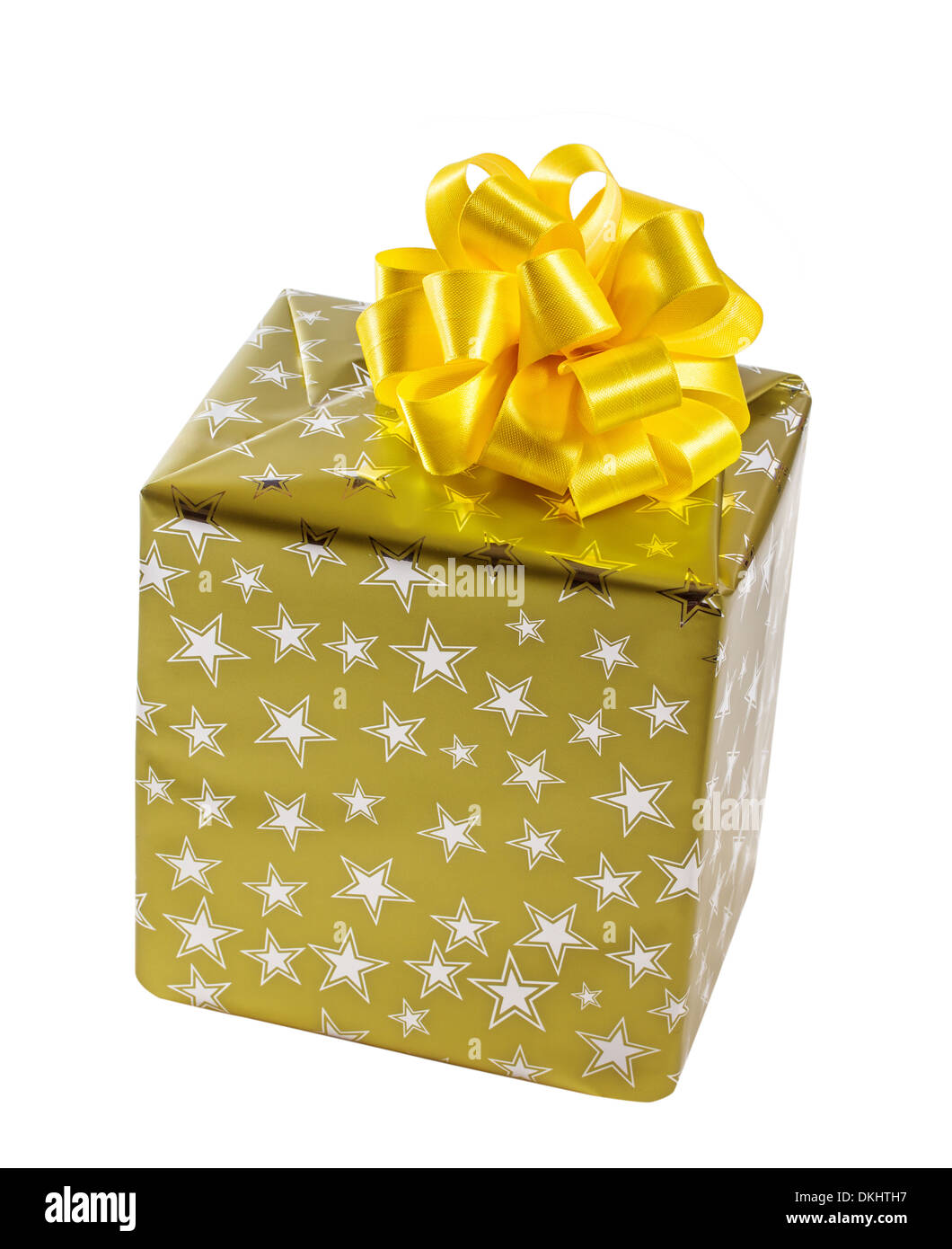 Gold confezione regalo con prua giallo. Isolato su sfondo bianco Foto Stock