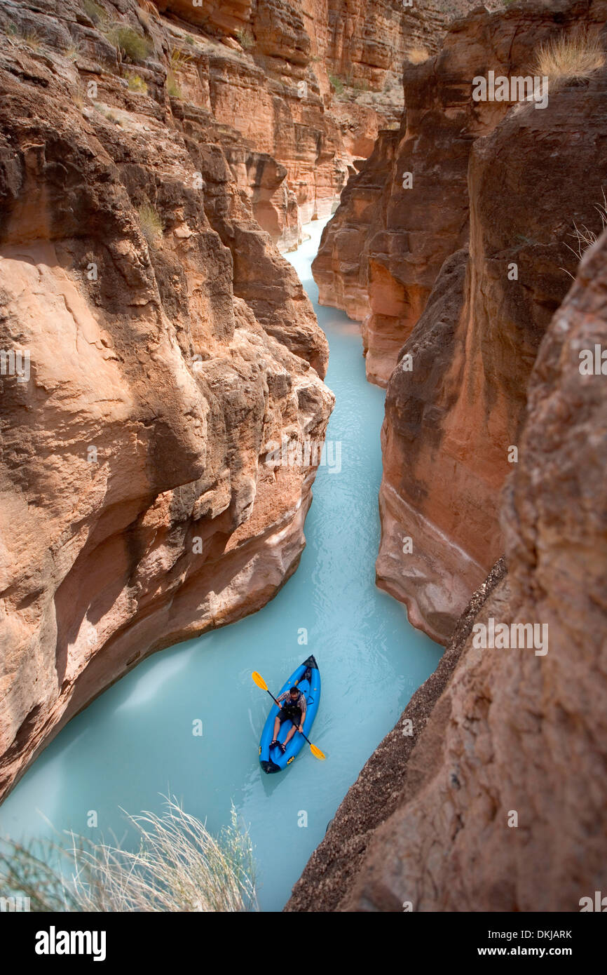 Un uomo pagaie un kayak nello slot canyon presso la foce del fiume Havasu dove incontra il Grand Canyon Foto Stock