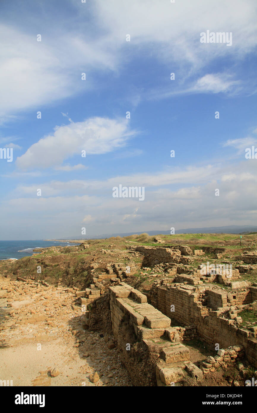 Israele, Carmelo Costa, Tel Dor scavi rimane esposta dall'età del Ferro, Persiano, Ellenistico e Romano precoce periodi. Foto Stock