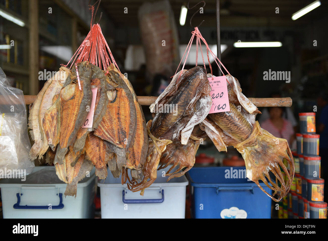 Trockenfisch, Verkauf, Wochenmarkt, Chinatown, Georgetown, Penang, Malaysia Foto Stock
