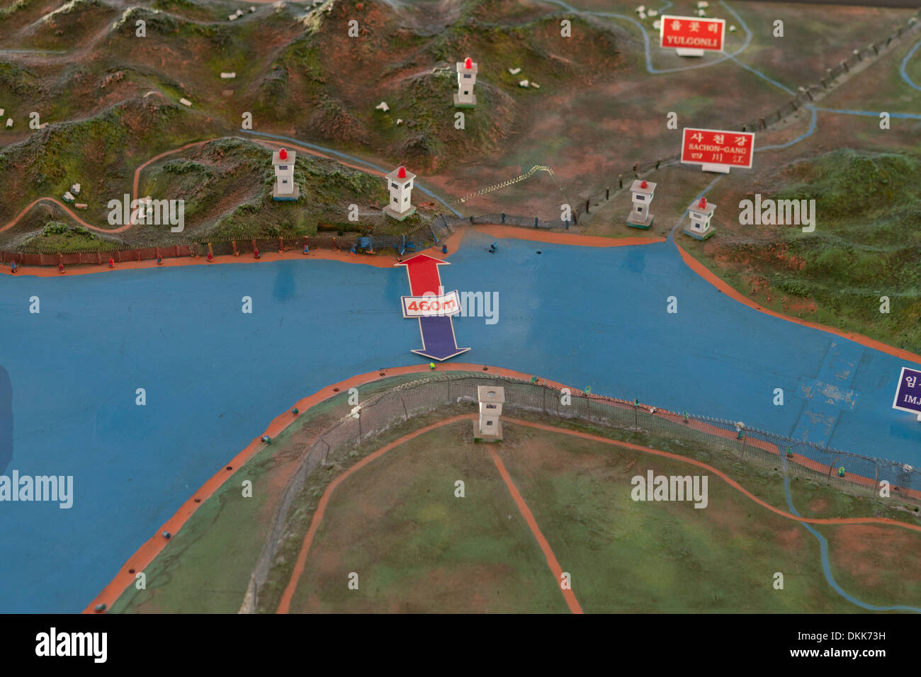 Mappa topografica mostra DMZ all unificazione Observatory - Odusan, Corea del Sud Foto Stock