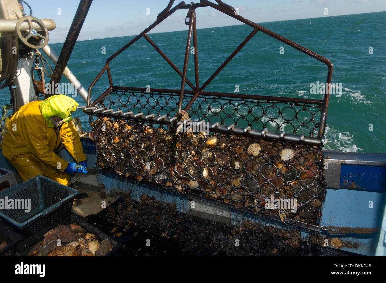 Un pescatore è l'apertura di una dentellatura dragare sulla barca da pesca deck Foto Stock