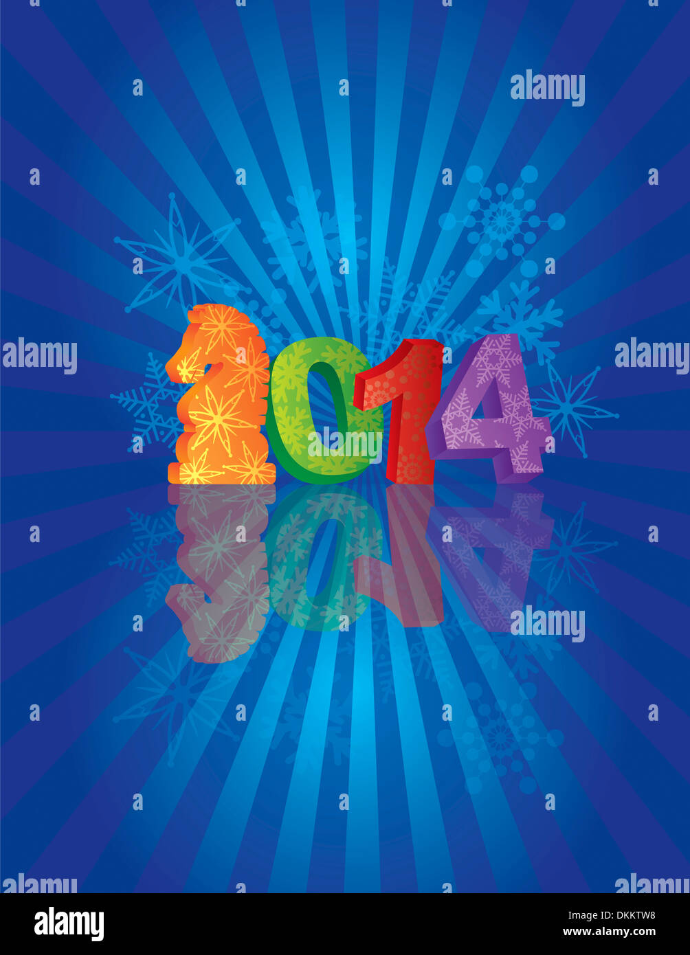 2014 Felice Anno Nuovo Cinese del cavallo il testo e i numeri di modello di fiocchi di neve su Blu Sunray illustrazione dello sfondo Foto Stock
