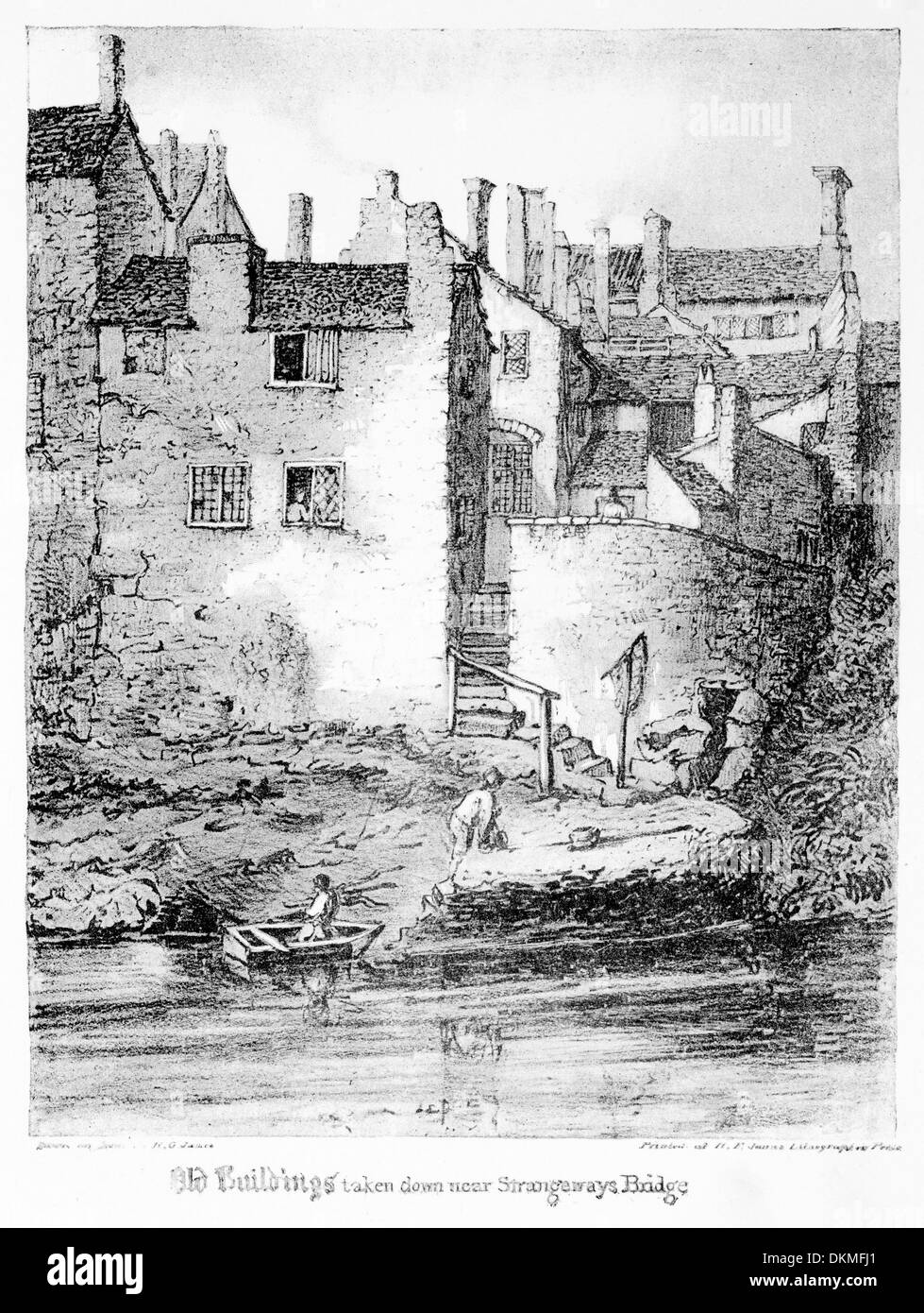 Copia di stampa litografica realizzata nel 1820 di Manchester vecchi edifici nelle vicinanze del Ponte di Strangeways Foto Stock