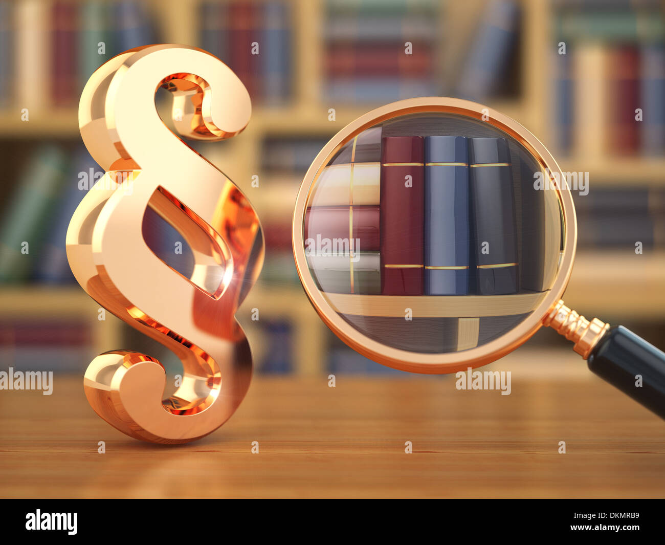 Il concetto di legge. Il paragrafo, lente di ingrandimento e libri. 3d Foto Stock