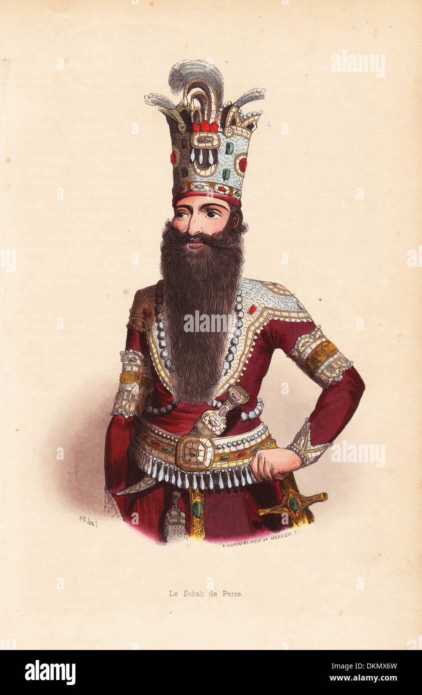 Scià di Persia con la barba lunga e riccamente bejeweled corona. Foto Stock