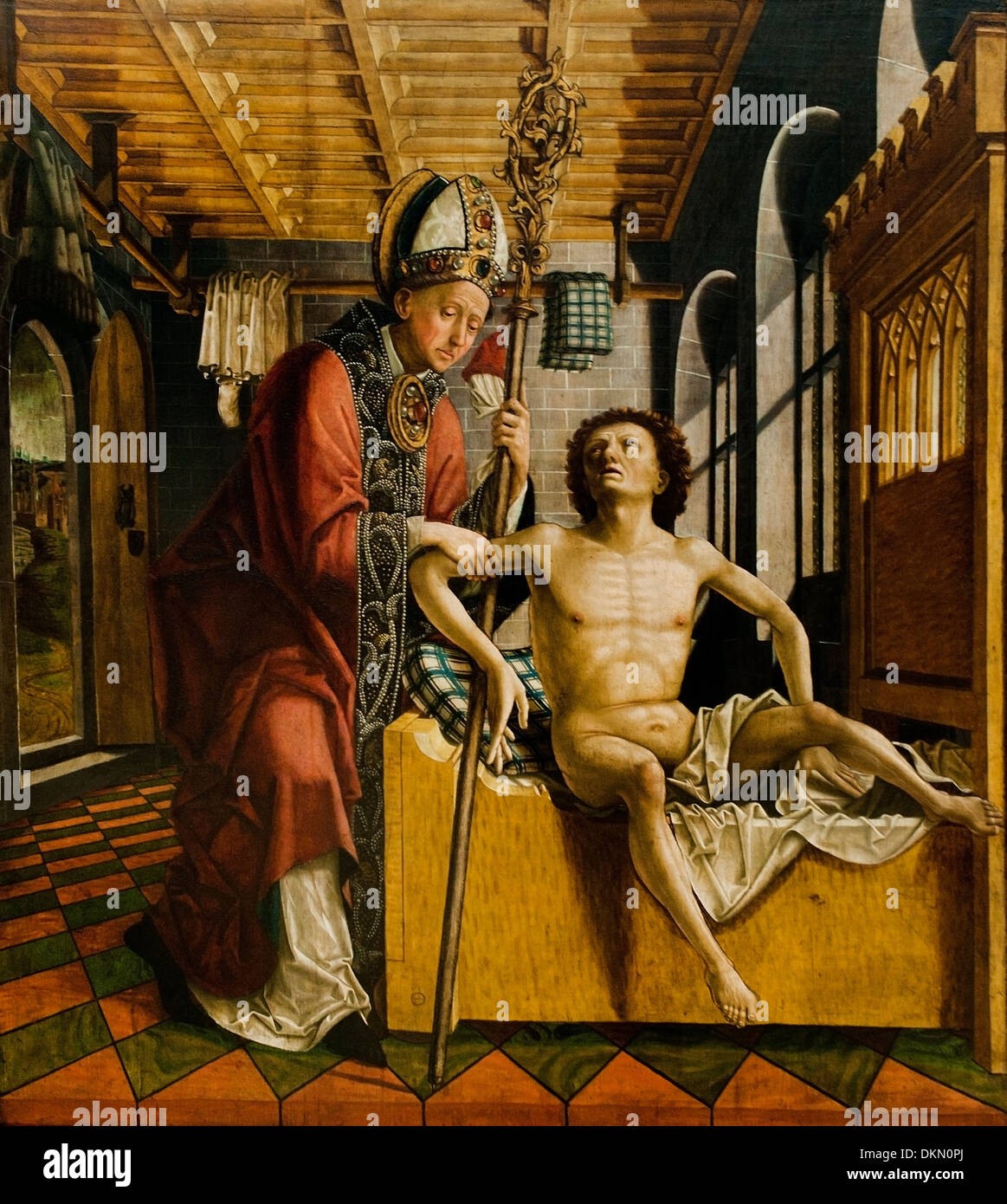 Die Heilung des propstes durch den HL Augustinus - La guarigione del Prevosto dal St Augustinus 1435 - 1498 Michael Pacher Foto Stock