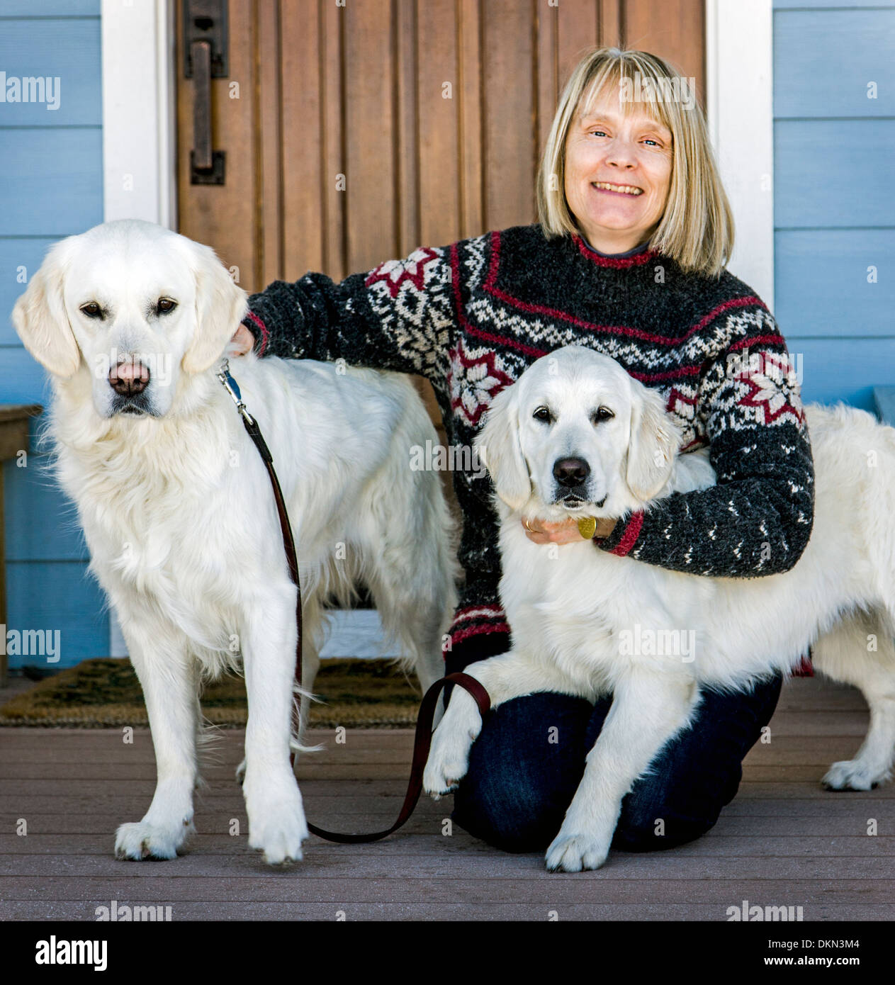 Ritratto di donna con i suoi sei mese & diciannove mesi color platino Golden Retriever cani Foto Stock