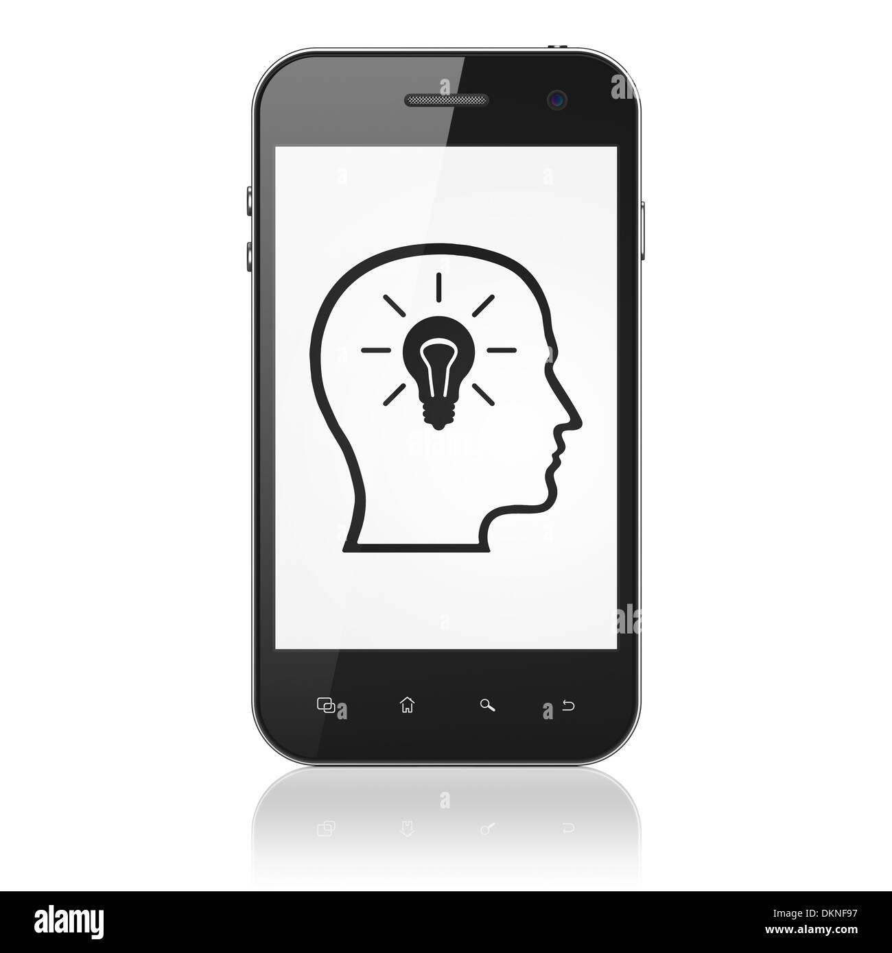 Il concetto di istruzione: Testa con lampadina sullo smartphone Foto Stock