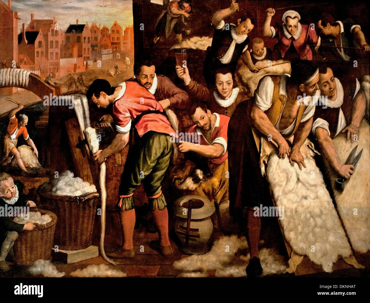 La plottatura e pettinatura 1594 Wool Industry Leiden Isaac Claesz van Swanenburg Paesi Bassi Foto Stock
