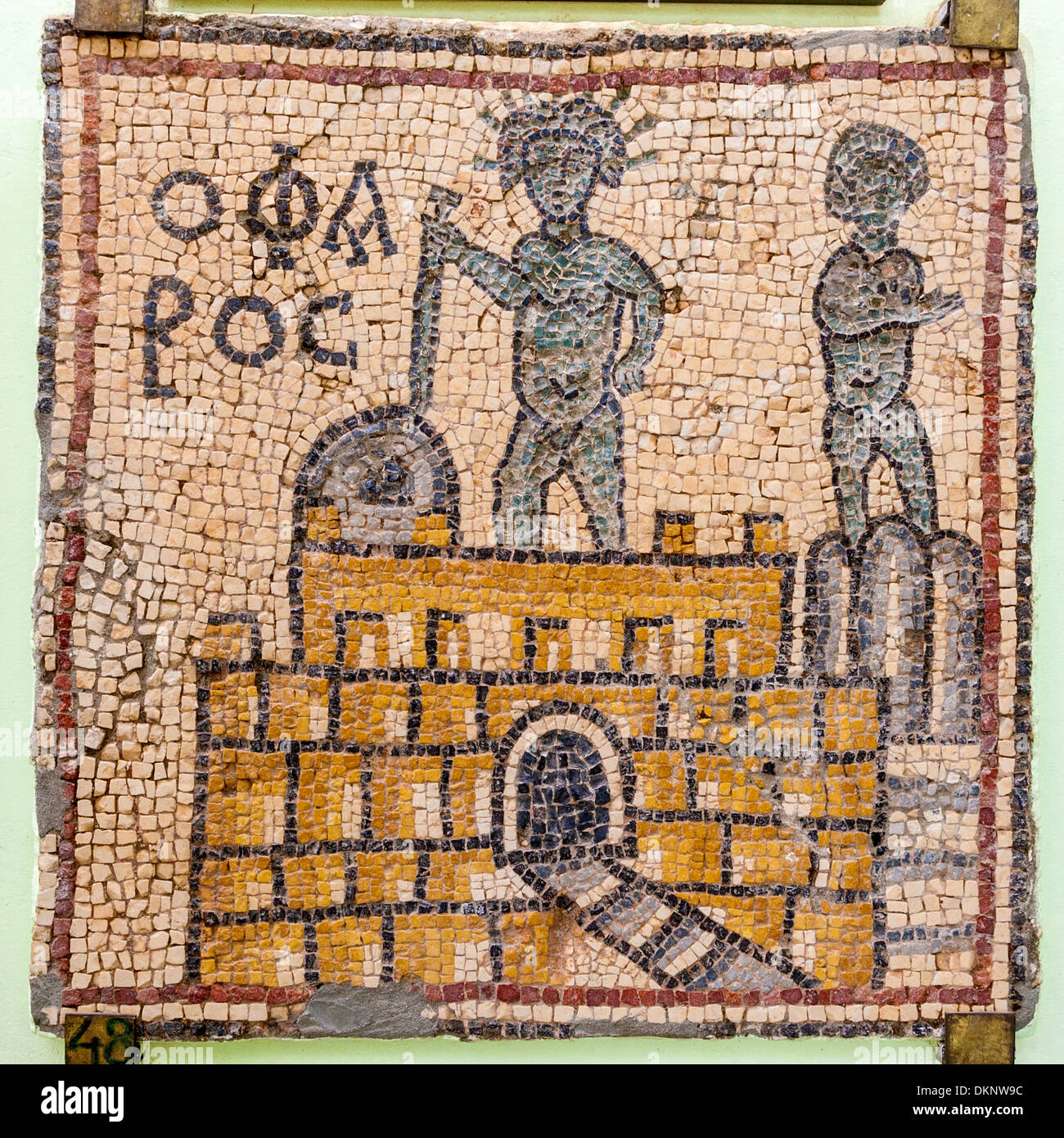 Libia, Qasr Libia. Mosaico bizantino dalla metà del 6o secolo D.C. Raffigurante il faro (Pharos) di Alessandria. Foto Stock