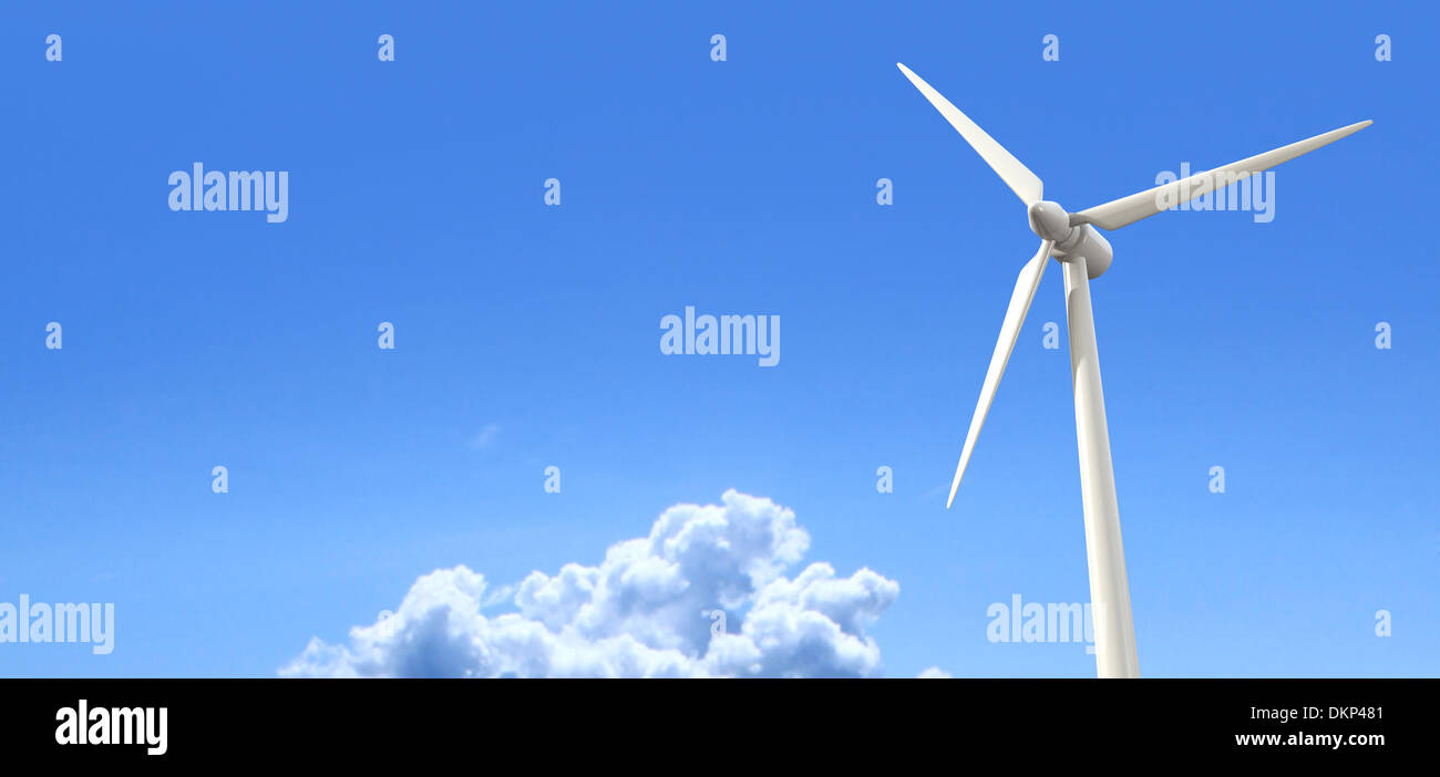 Regolarmente una turbina eolica isolato su un cielo blu con una sola nube soffice Foto Stock