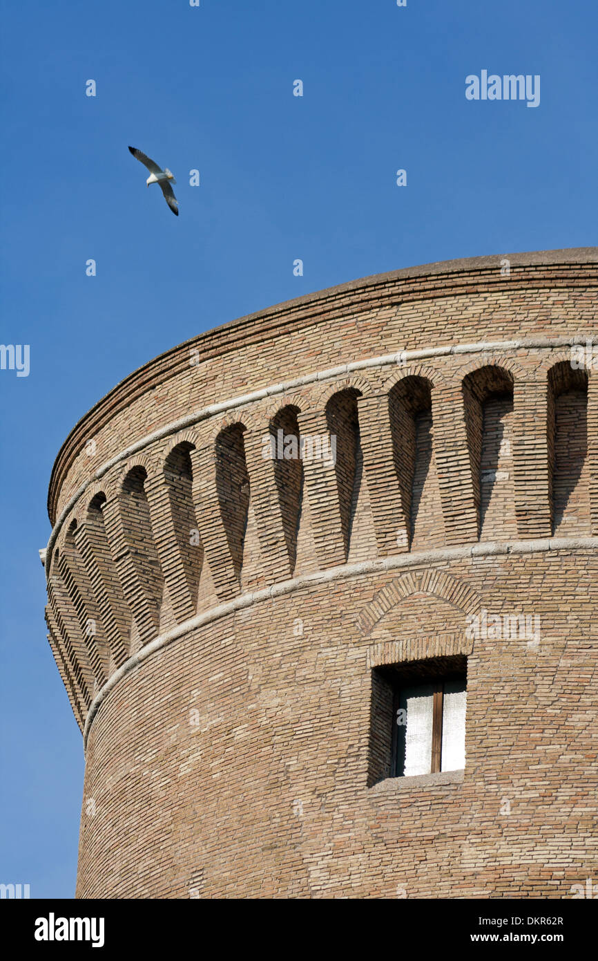 Un gabbiano volare sopra il Castello di Giulio II di ostia italia Foto Stock
