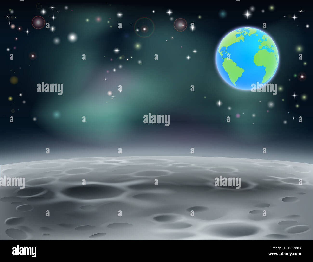 La superficie della Luna sullo sfondo del paesaggio con stelle, crateri e del pianeta terra in background Foto Stock