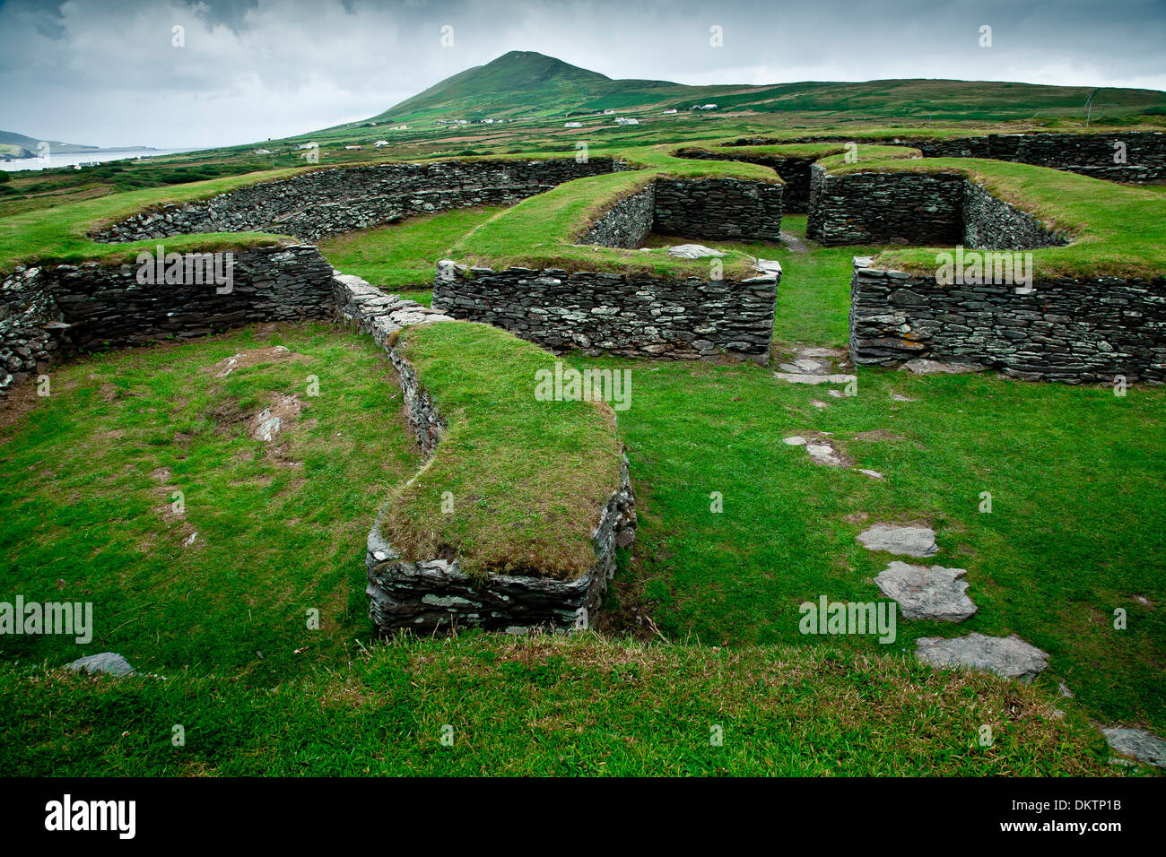 Pietra leacanabuile fort. caherciveen. Anello di Kerry. contea di Kerry, Irlanda, Europa. Foto Stock