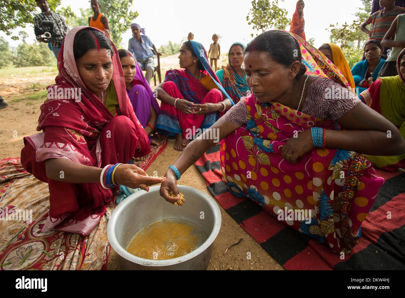 Le donne frequentano un trattamento delle sementi di dimostrazione dello stato del Bihar, in India, al fine di aumentare la resa del prodotto. Foto Stock